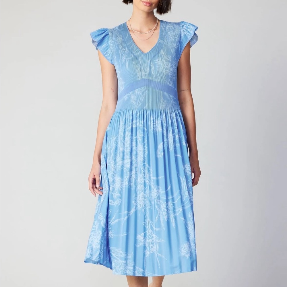 Current Air Medium Blue Lightweight Pleated Vneck Flutter Sleeve Dress